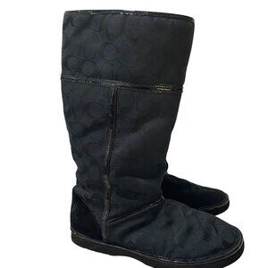Coach Black Jacquard Knee-High Boots With Patent Leather Trim & Faux Fur Lining